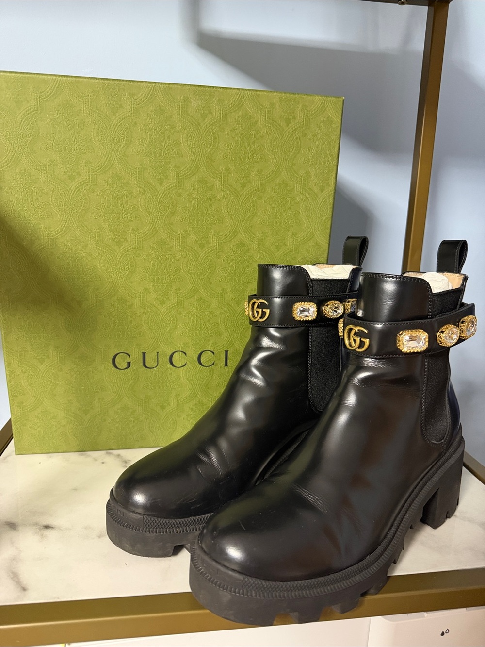 Gucci Black Leather Ankle Boots with Gold Crystal-Embellished Strap - 39